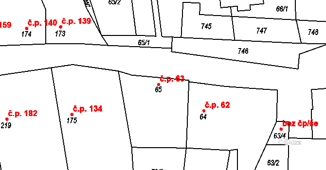 Dymokury 63 na parcele st. 65 v KÚ Dymokury, Katastrální mapa