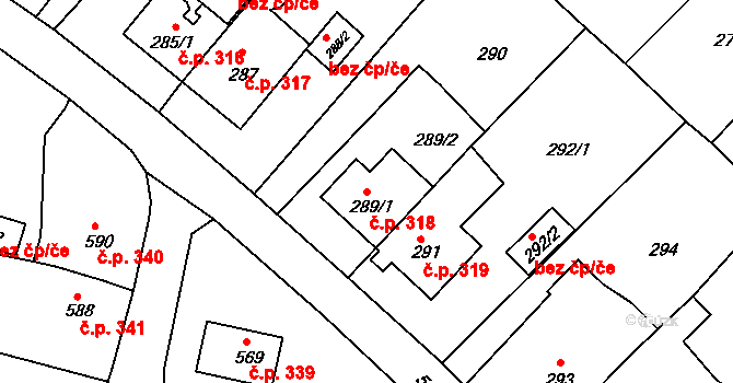 Miřetice u Klášterce nad Ohří 318, Klášterec nad Ohří na parcele st. 289/1 v KÚ Miřetice u Klášterce nad Ohří, Katastrální mapa