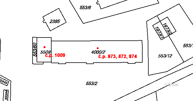 Borovina 872,873,874, Třebíč na parcele st. 4000/2 v KÚ Třebíč, Katastrální mapa