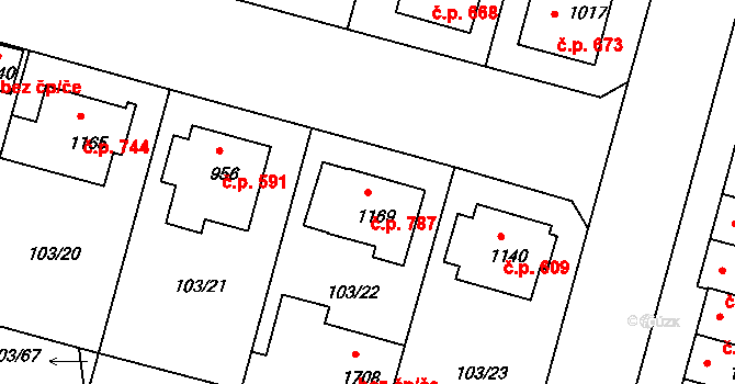 Podklášteří 787, Třebíč na parcele st. 1169 v KÚ Podklášteří, Katastrální mapa