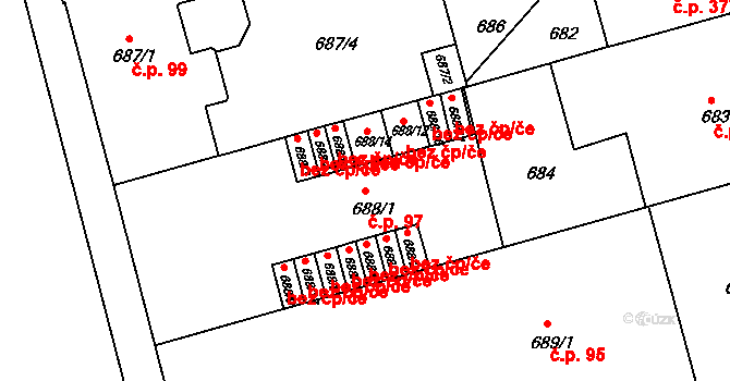 Ponava 97, Brno na parcele st. 688/1 v KÚ Ponava, Katastrální mapa