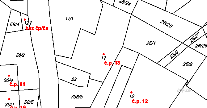 Skrýšov 13, Pelhřimov na parcele st. 11 v KÚ Skrýšov u Pelhřimova, Katastrální mapa