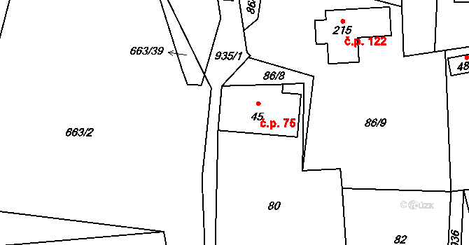 Boleboř 75 na parcele st. 45 v KÚ Boleboř, Katastrální mapa