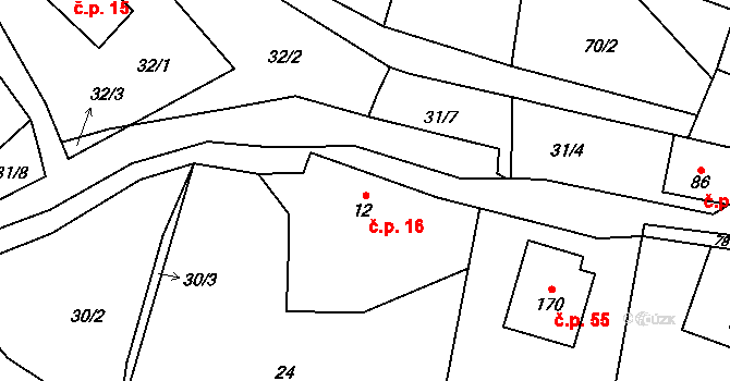 Osečnice 16 na parcele st. 12 v KÚ Osečnice, Katastrální mapa