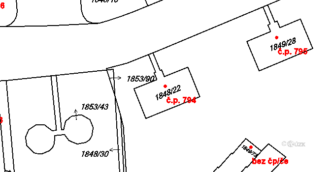 Podolí 794, Praha na parcele st. 1848/22 v KÚ Podolí, Katastrální mapa