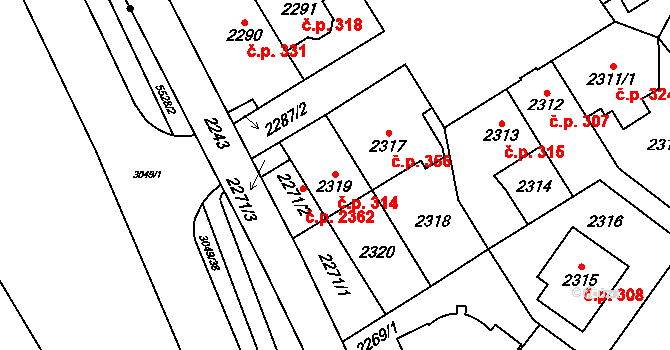 Chodov 314, Praha na parcele st. 2319 v KÚ Chodov, Katastrální mapa