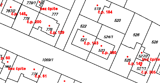 Čimice 193, Praha na parcele st. 521 v KÚ Čimice, Katastrální mapa