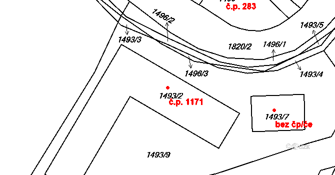 Liberec XXX-Vratislavice nad Nisou 1171, Liberec na parcele st. 1493/2 v KÚ Vratislavice nad Nisou, Katastrální mapa