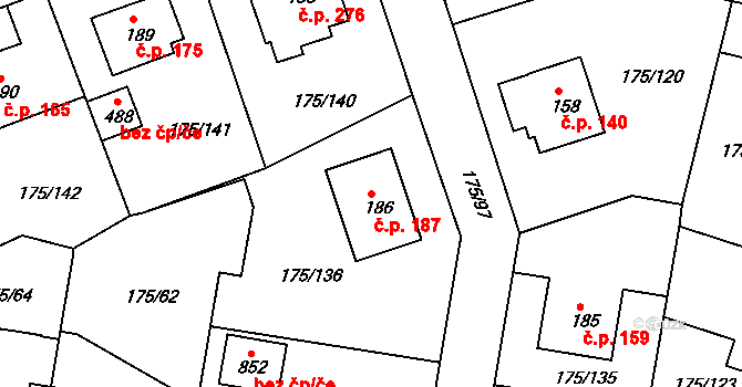 Věkoše 187, Hradec Králové na parcele st. 186 v KÚ Věkoše, Katastrální mapa