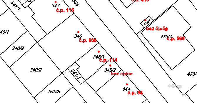 Zbýšov 114 na parcele st. 345/1 v KÚ Zbýšov u Oslavan, Katastrální mapa