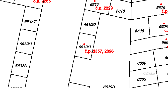 Jižní Předměstí 2356,2357, Plzeň na parcele st. 6619/3 v KÚ Plzeň, Katastrální mapa