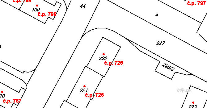 Šumbark 726, Havířov na parcele st. 222 v KÚ Šumbark, Katastrální mapa