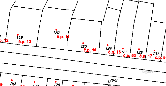 Hajany 15 na parcele st. 123 v KÚ Hajany, Katastrální mapa