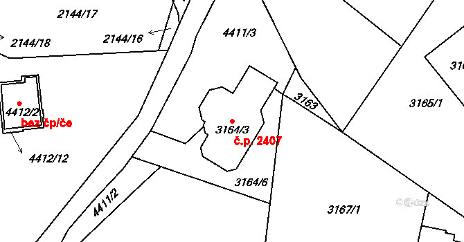 Horní Počernice 2407, Praha na parcele st. 3164/3 v KÚ Horní Počernice, Katastrální mapa