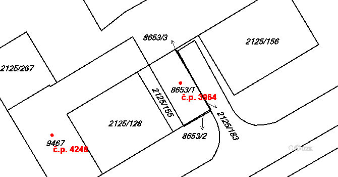 Hodonín 3964 na parcele st. 8653/1 v KÚ Hodonín, Katastrální mapa