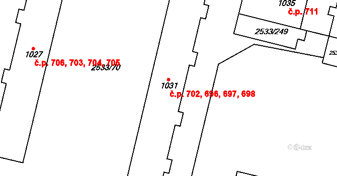 Horní Slavkov 696,697,698,702 na parcele st. 1031 v KÚ Horní Slavkov, Katastrální mapa