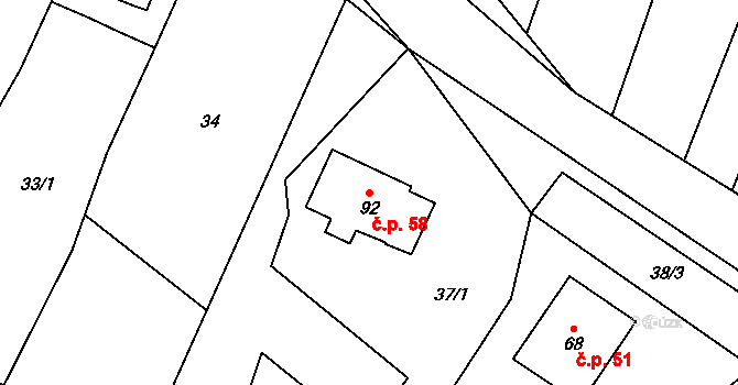 Lhotice 58 na parcele st. 92 v KÚ Lhotice u Jemnice, Katastrální mapa