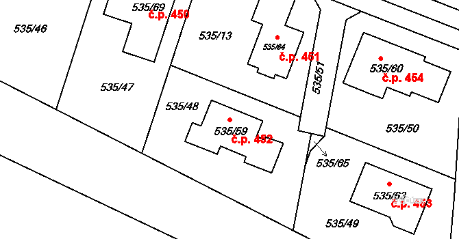 Jirny 452 na parcele st. 535/59 v KÚ Jirny, Katastrální mapa