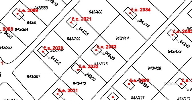 Velká Chuchle 2033, Praha na parcele st. 943/33 v KÚ Velká Chuchle, Katastrální mapa