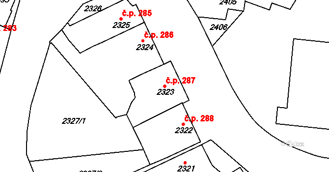 Jemnice 287 na parcele st. 2323 v KÚ Jemnice, Katastrální mapa