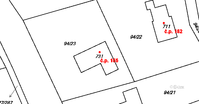 Trhanov 155 na parcele st. 731 v KÚ Trhanov, Katastrální mapa