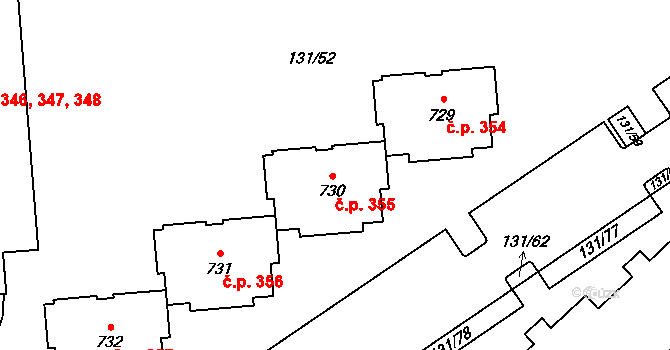 Trnová 355, Pardubice na parcele st. 730 v KÚ Trnová, Katastrální mapa