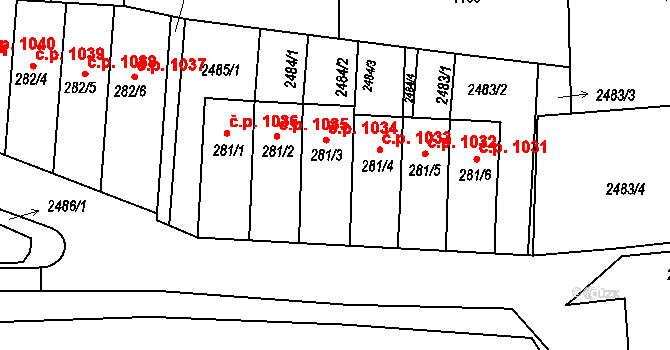 Horažďovice 1034 na parcele st. 281/3 v KÚ Zářečí u Horažďovic, Katastrální mapa