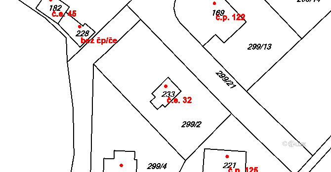 Sudoměřice u Tábora 32 na parcele st. 233 v KÚ Sudoměřice u Tábora, Katastrální mapa