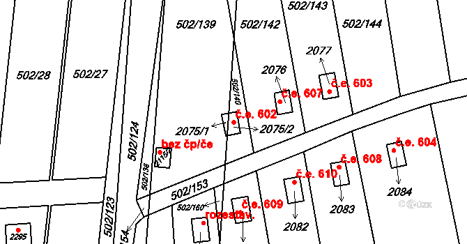 Malenovice 602, Zlín na parcele st. 2075/2 v KÚ Malenovice u Zlína, Katastrální mapa