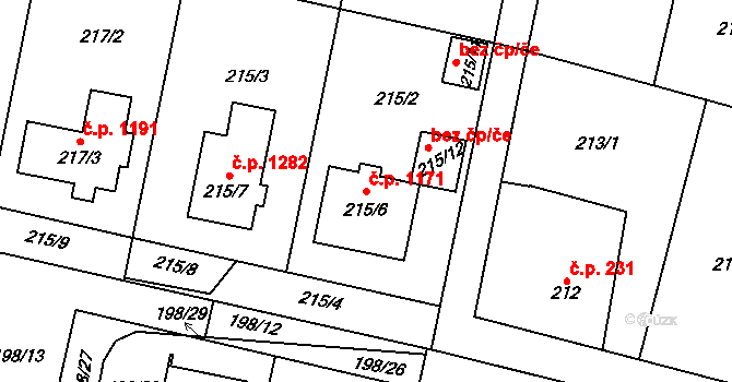 Radvanice 1171, Ostrava na parcele st. 215/6 v KÚ Radvanice, Katastrální mapa
