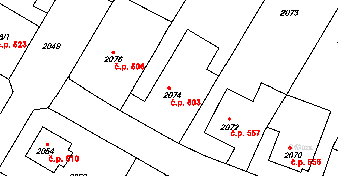 Bystřice nad Pernštejnem 503 na parcele st. 2074 v KÚ Bystřice nad Pernštejnem, Katastrální mapa