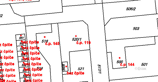 Stěbořice 119 na parcele st. 520/1 v KÚ Stěbořice, Katastrální mapa