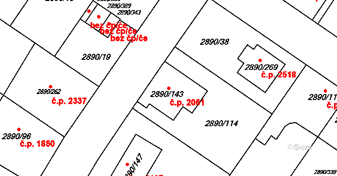 Předměstí 2061, Opava na parcele st. 2890/143 v KÚ Opava-Předměstí, Katastrální mapa