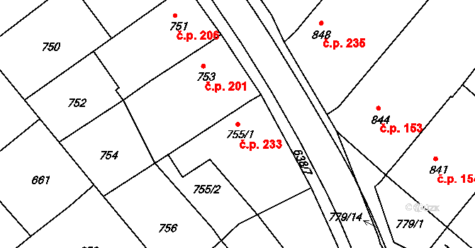 Huštěnovice 233 na parcele st. 755/1 v KÚ Huštěnovice, Katastrální mapa