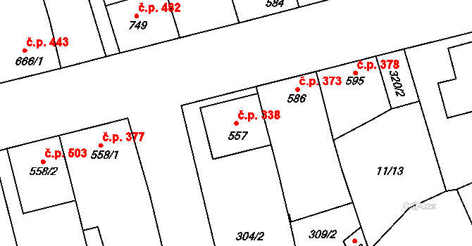 Ostrožská Lhota 338 na parcele st. 557 v KÚ Ostrožská Lhota, Katastrální mapa