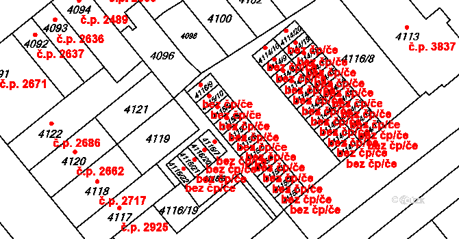 Brno 50065491 na parcele st. 4115/8 v KÚ Židenice, Katastrální mapa