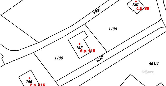 Radimovice 118 na parcele st. 192 v KÚ Radimovice u Sychrova, Katastrální mapa