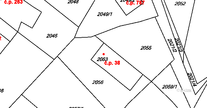 Rapotín 38 na parcele st. 2053 v KÚ Rapotín, Katastrální mapa