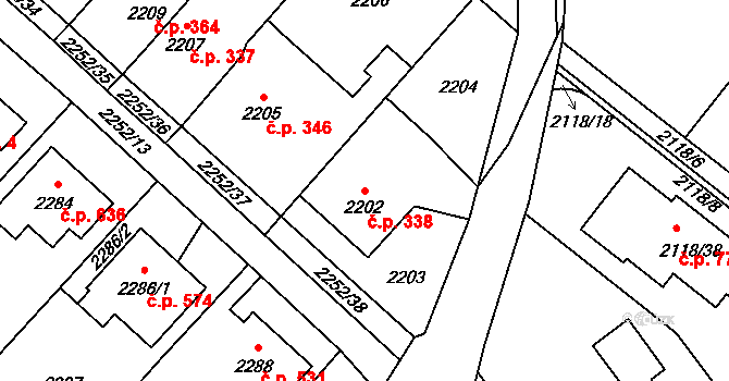 Rapotín 338 na parcele st. 2202 v KÚ Rapotín, Katastrální mapa