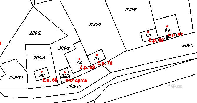 Únětice 70 na parcele st. 93 v KÚ Únětice u Prahy, Katastrální mapa