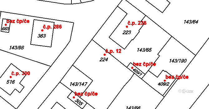 Úhonice 12 na parcele st. 224 v KÚ Úhonice, Katastrální mapa
