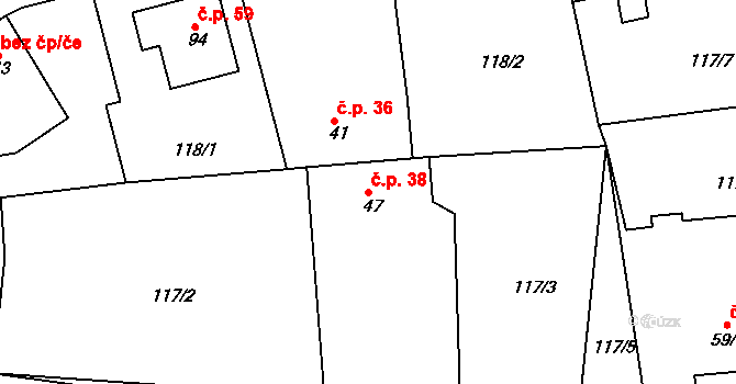 Týnec 38, Malý Bor na parcele st. 47 v KÚ Týnec u Hliněného Újezdu, Katastrální mapa