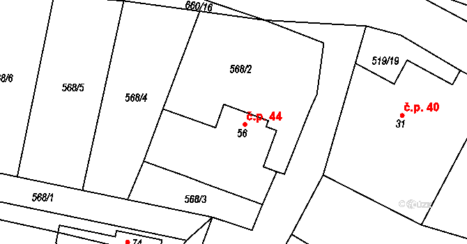 Chmelná 44, Sušice na parcele st. 56 v KÚ Velká Chmelná, Katastrální mapa