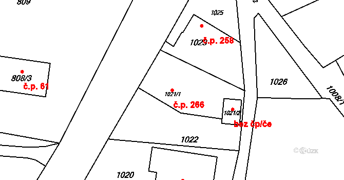 Kunín 266 na parcele st. 1021/1 v KÚ Kunín, Katastrální mapa
