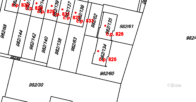 Újezd 825, Plzeň na parcele st. 982/134 v KÚ Újezd, Katastrální mapa