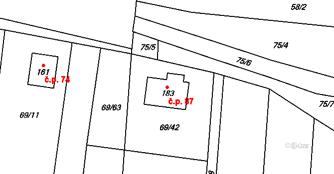 Mutěnice 87 na parcele st. 183 v KÚ Mutěnice u Strakonic, Katastrální mapa