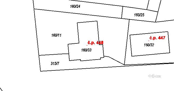 Červený Hrádek 448, Plzeň na parcele st. 160/33 v KÚ Červený Hrádek u Plzně, Katastrální mapa