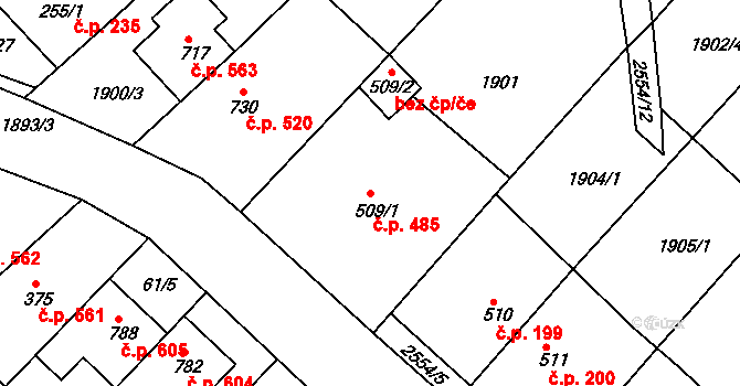Vranovice 485 na parcele st. 509/1 v KÚ Vranovice nad Svratkou, Katastrální mapa