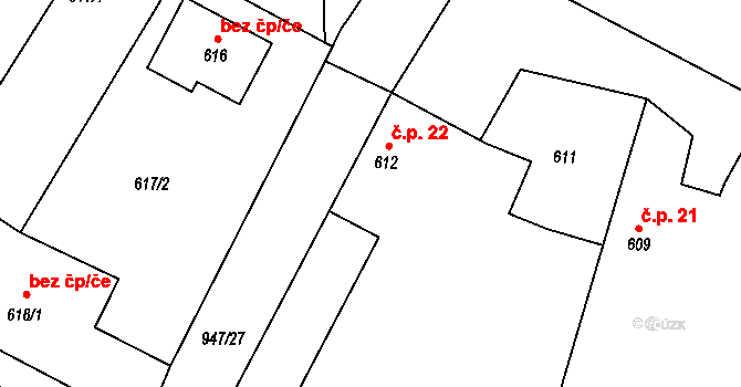 Malešice 22, Dříteň na parcele st. 612 v KÚ Chvalešovice, Katastrální mapa