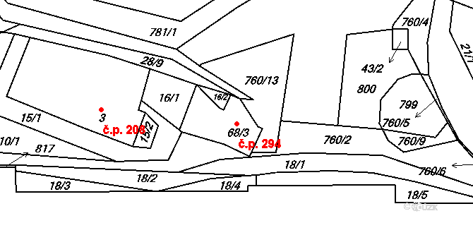 Dobronín 294 na parcele st. 68/3 v KÚ Střelecká, Katastrální mapa